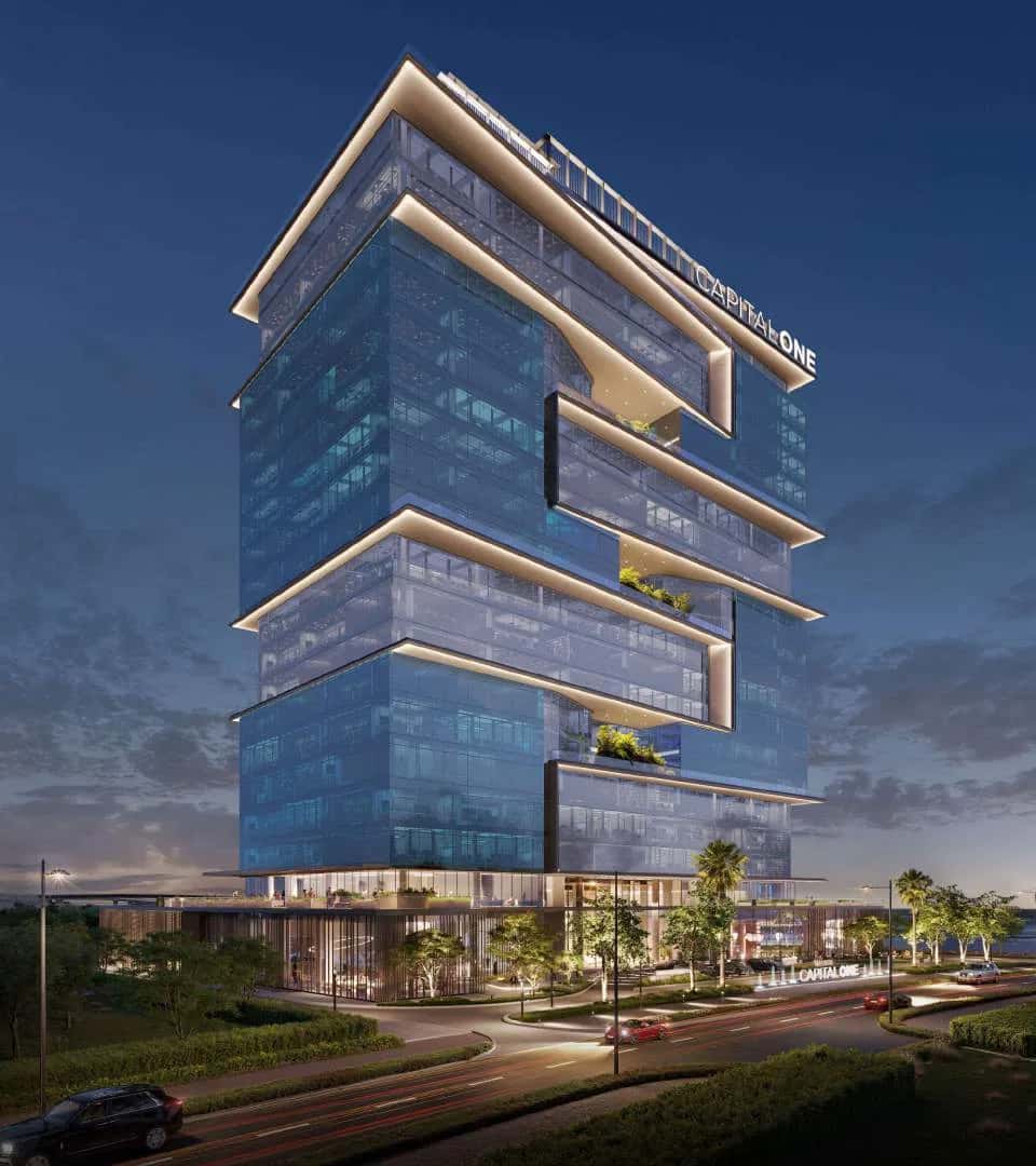 Capital One office tower facade and drop-off in Motor City, Dubai
