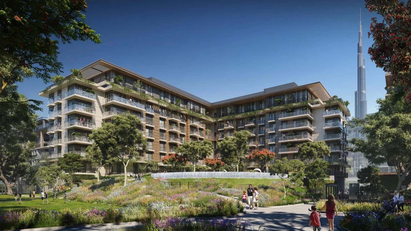 Celadon residential buildings at Central Park City Walk Dubai, terraced mid-rise facade with balcony greenery and park landscaping