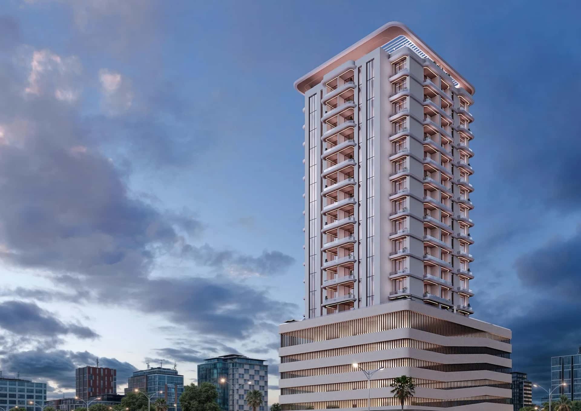Celestara Residences tower facade with brown marble and dune-inspired curved design in Jumeirah Village Circle