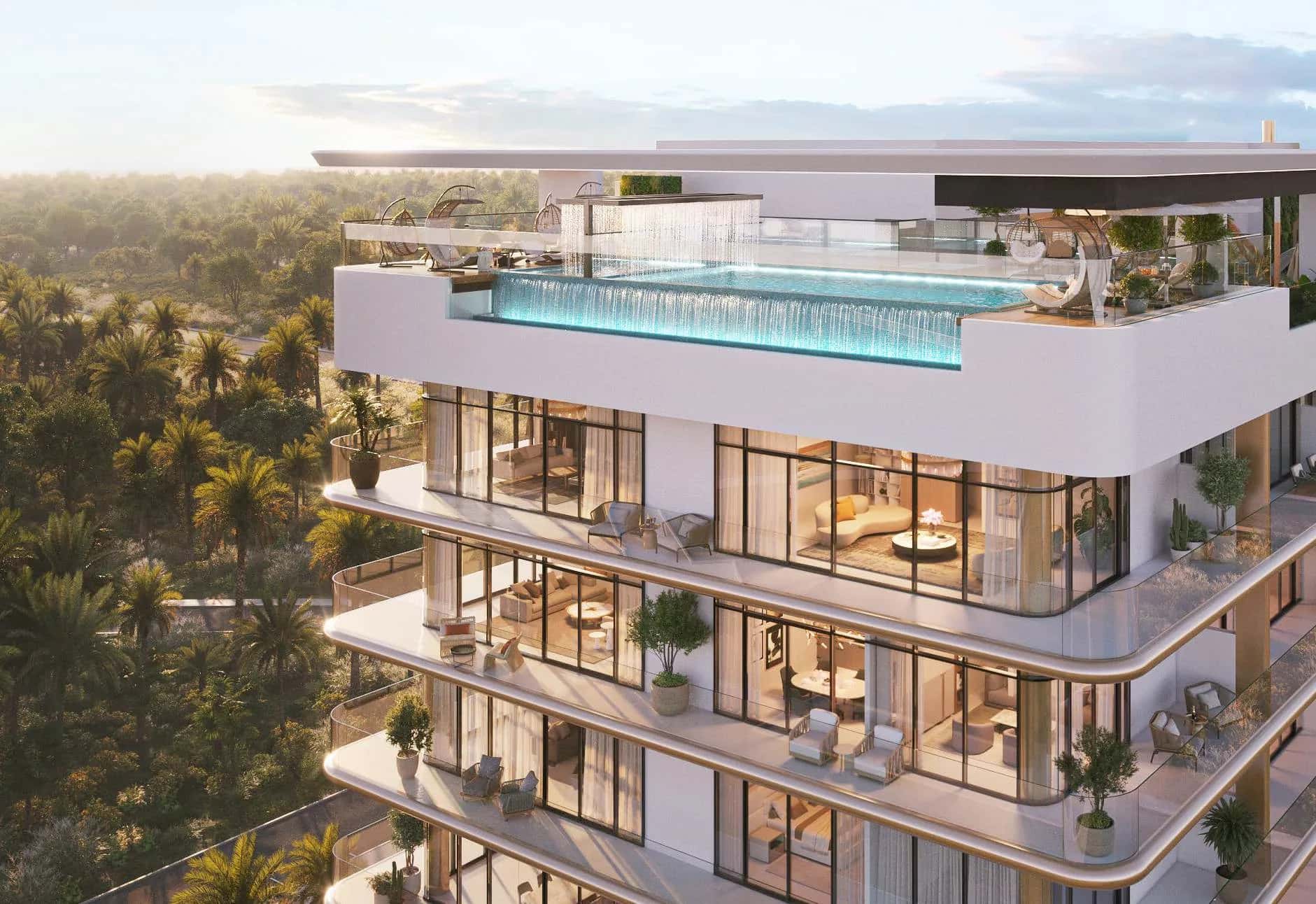 Celeste Heights tower exterior in Al Furjan, Dubai, showing residential facade and rooftop amenity levels