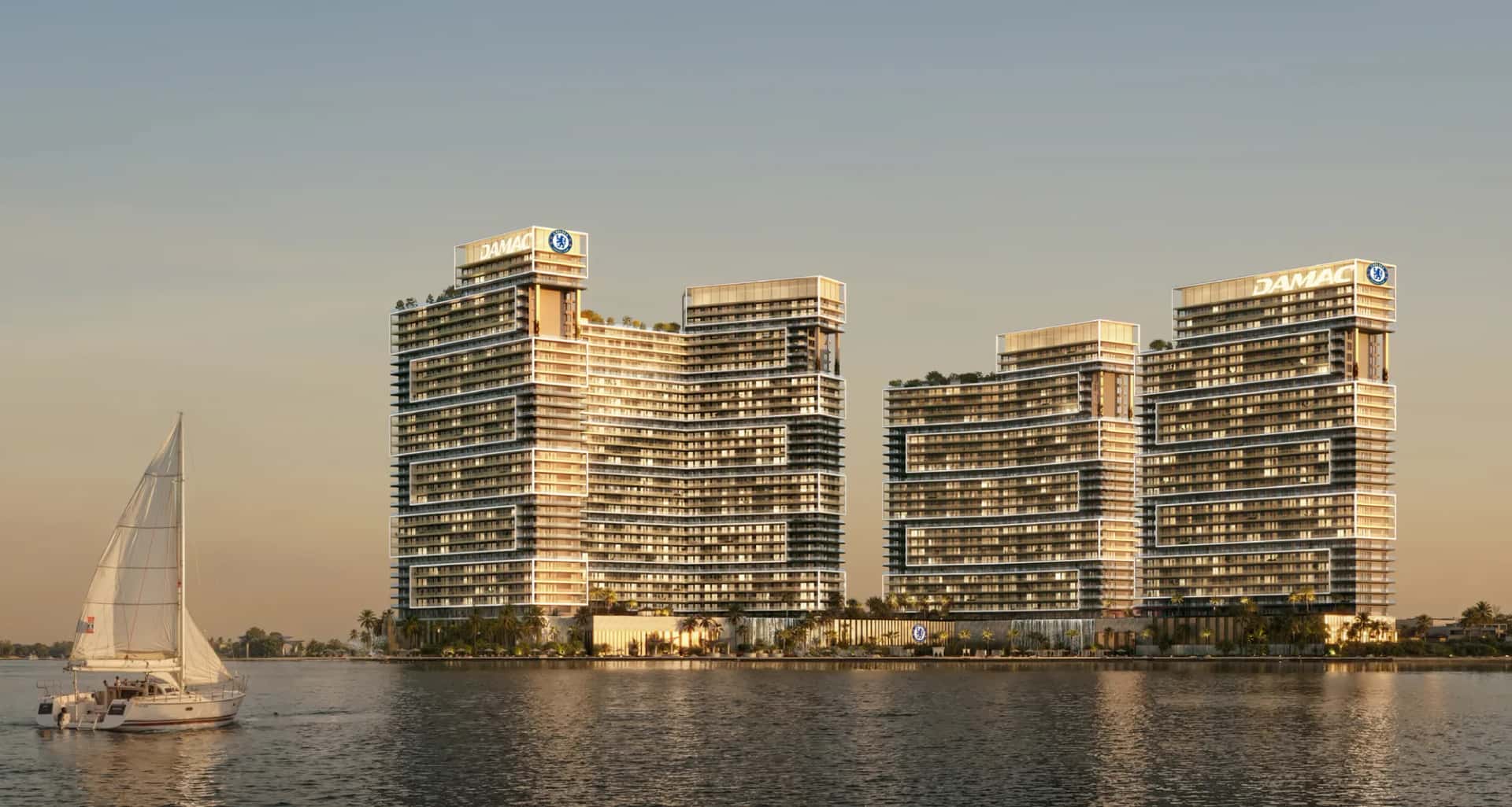 Chelsea Residences towers by DAMAC Properties overlooking Dubai Maritime City waterfront