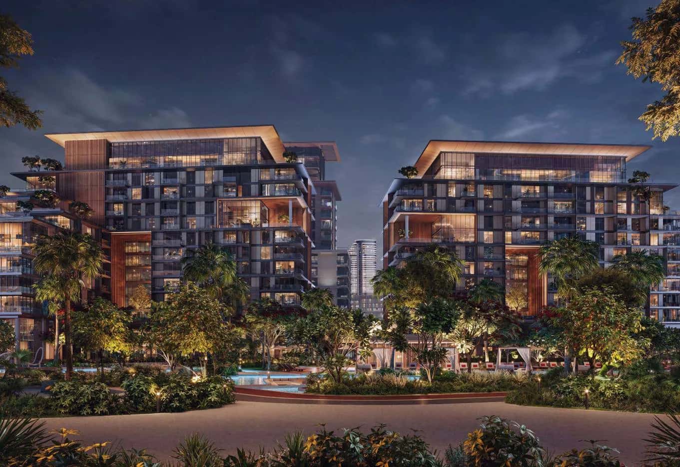City Walk Crestlane 1 residential towers with water features and landscaped community, Dubai