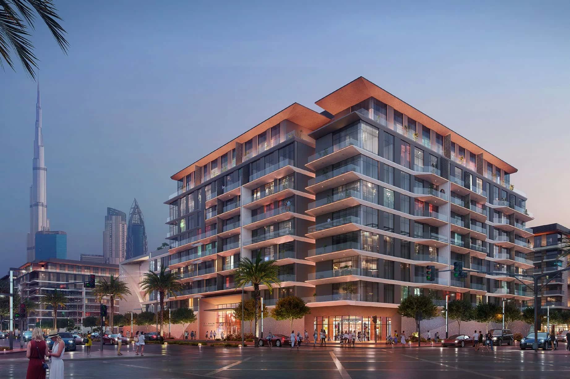City Walk Northline 1 by Meraas, low-rise residential building with reflective blue glass facade in City Walk Dubai