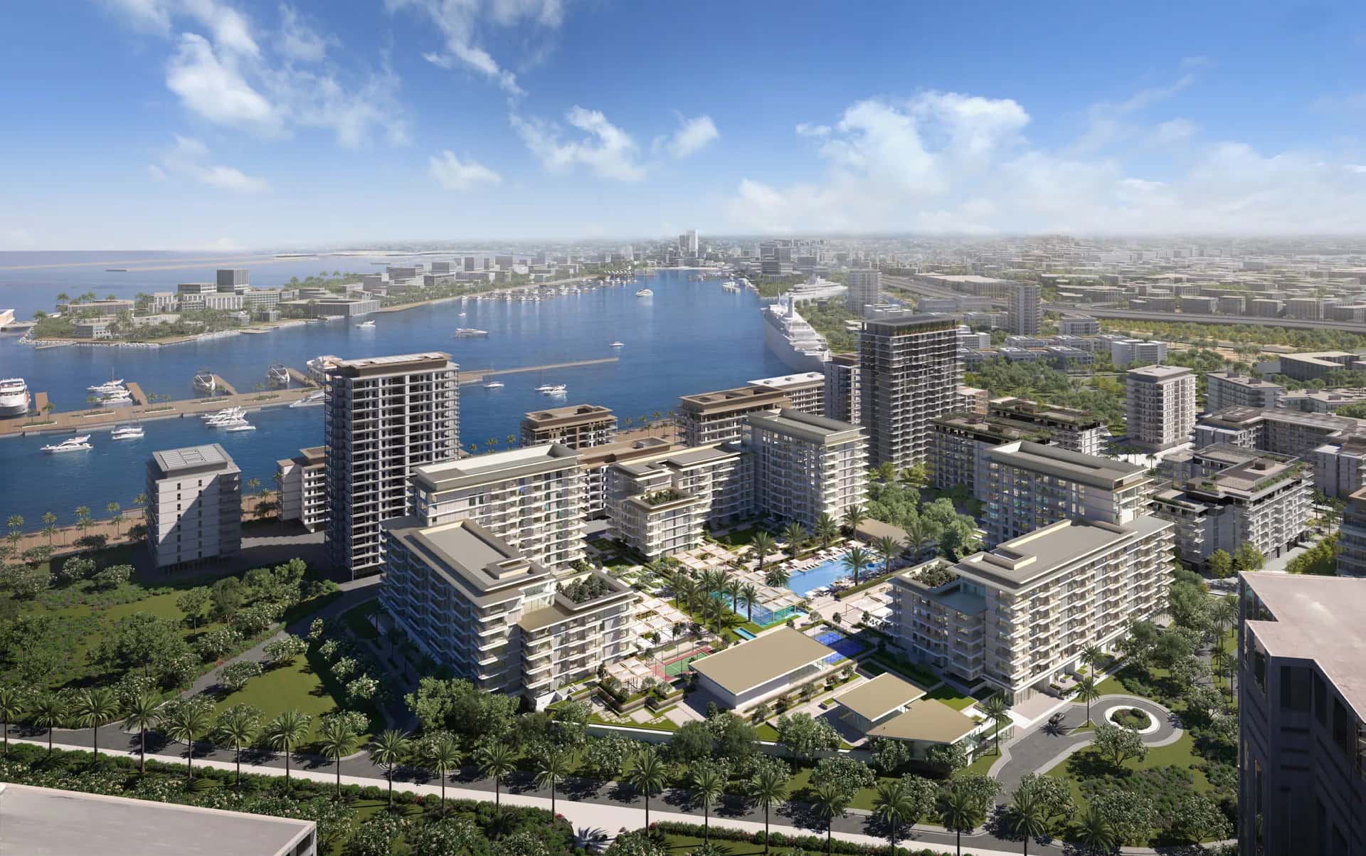 Clearpoint low-rise residential towers with landscaped podium in Mina Rashid, Dubai