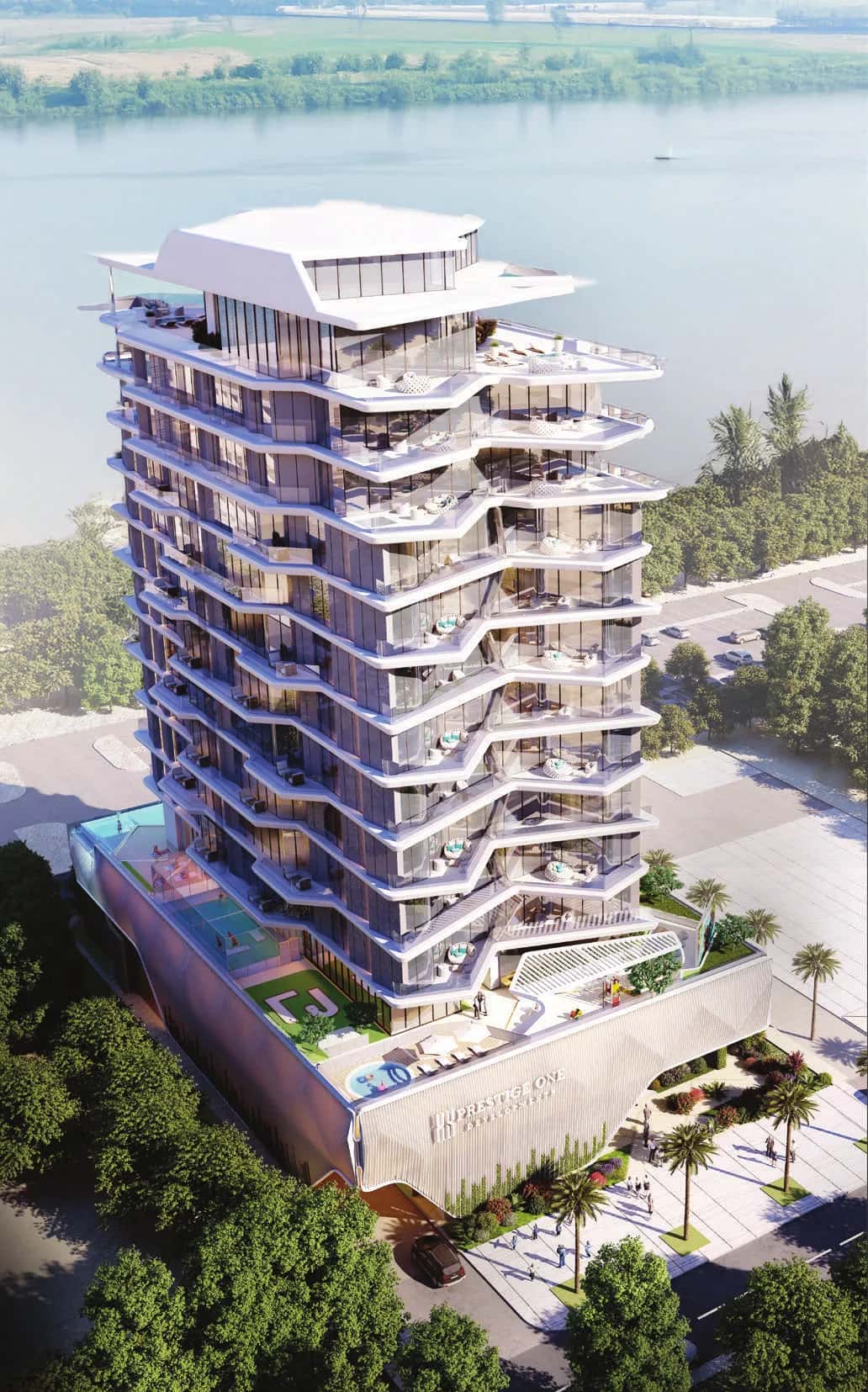 Coastal Haven tower on Dubai Islands waterfront with pier and Gulf views