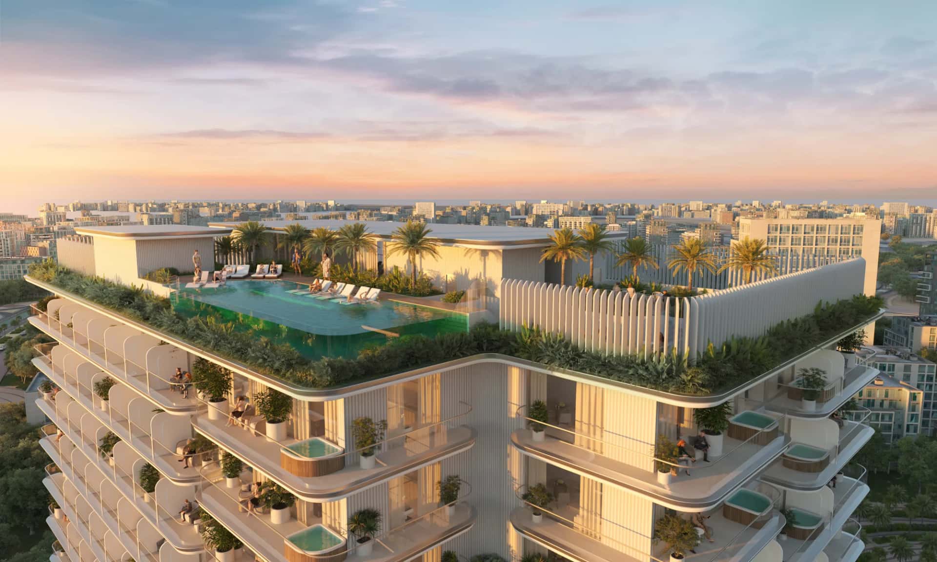 Cove Edition III residential tower exterior with rooftop pool in Dubai Land Residence Complex