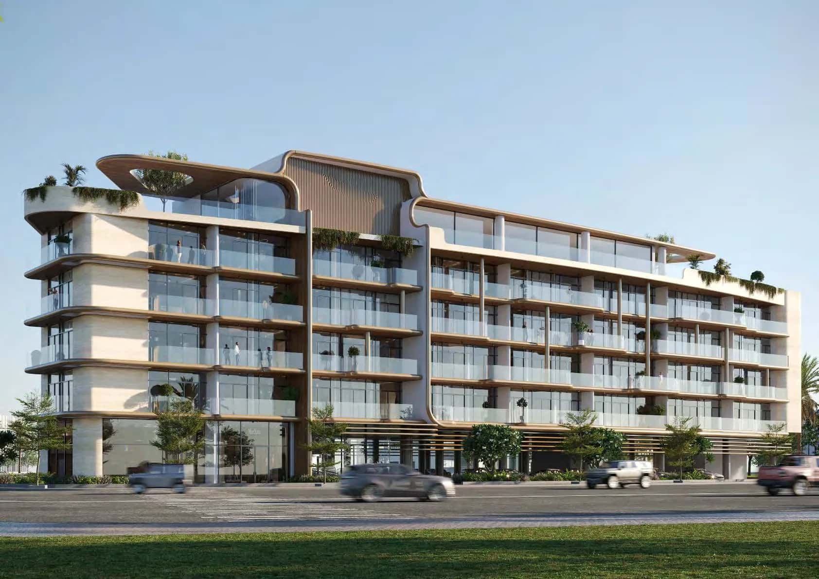 Coventry Gardens low-rise residential building with landscaped gardens in Dubai Land Residence Complex