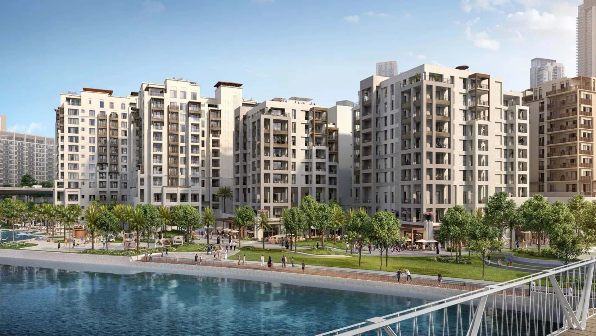 Grove at Creek Beach — five mid-rise residential buildings overlooking the canal and urban beach in Dubai Creek Harbour