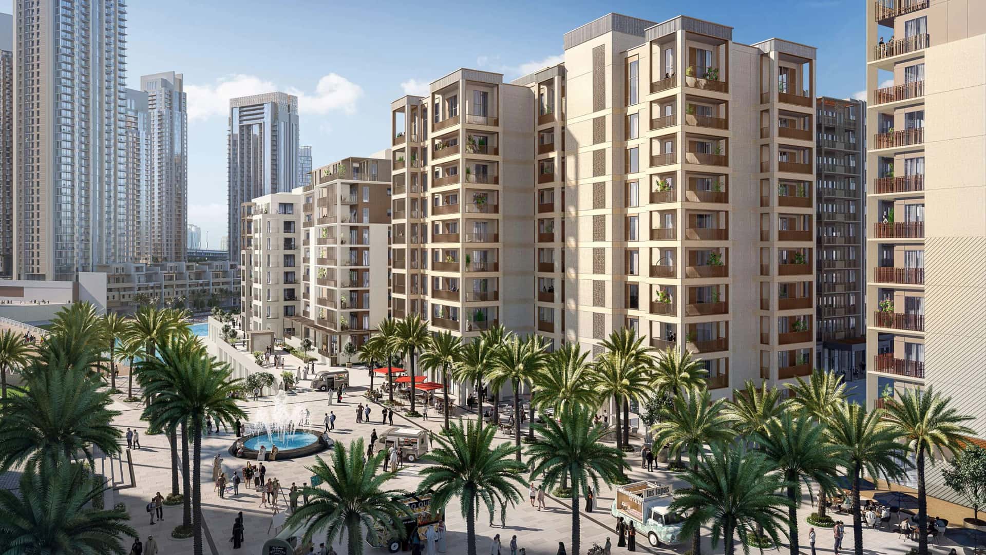 Creek Beach Lotus four-building residential cluster with inner plaza and pool, Dubai Creek Harbour
