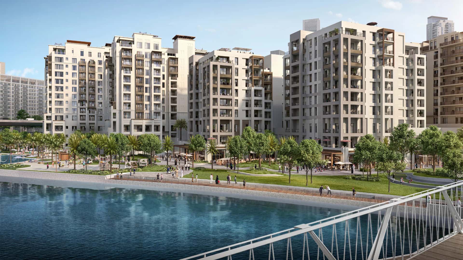 Rosewater at Creek Beach — three residential buildings around inner plaza, Dubai Creek Harbour waterfront