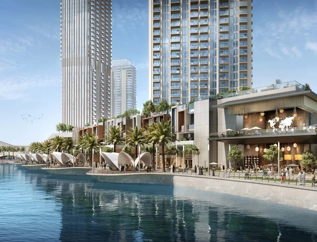 Creek Beach Savanna Cedar Mangrove apartment buildings at Dubai Creek Harbour waterfront by Emaar