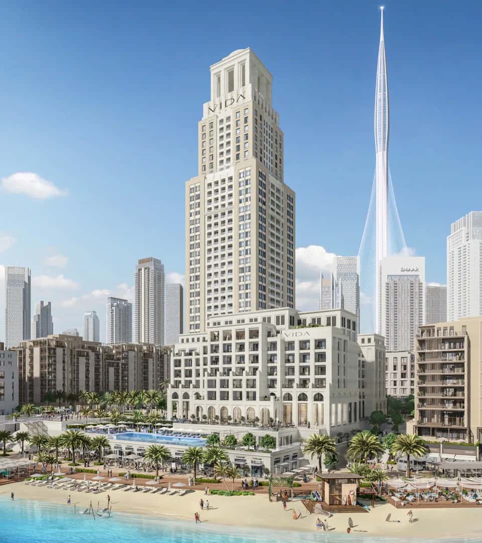 Vida Residences Creek Beach tower exterior with Dubai Creek Tower and waterfront views, Dubai Creek Harbour