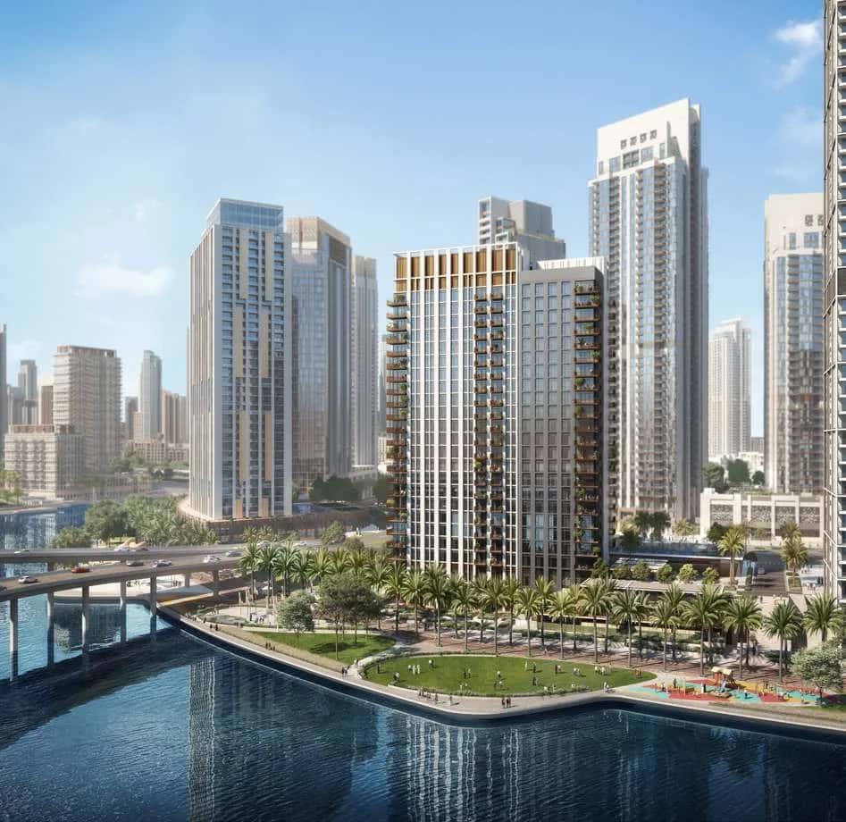 Creek Crescent residential tower on Creek Island, Dubai Creek Harbour, with waterfront promenade and creek views