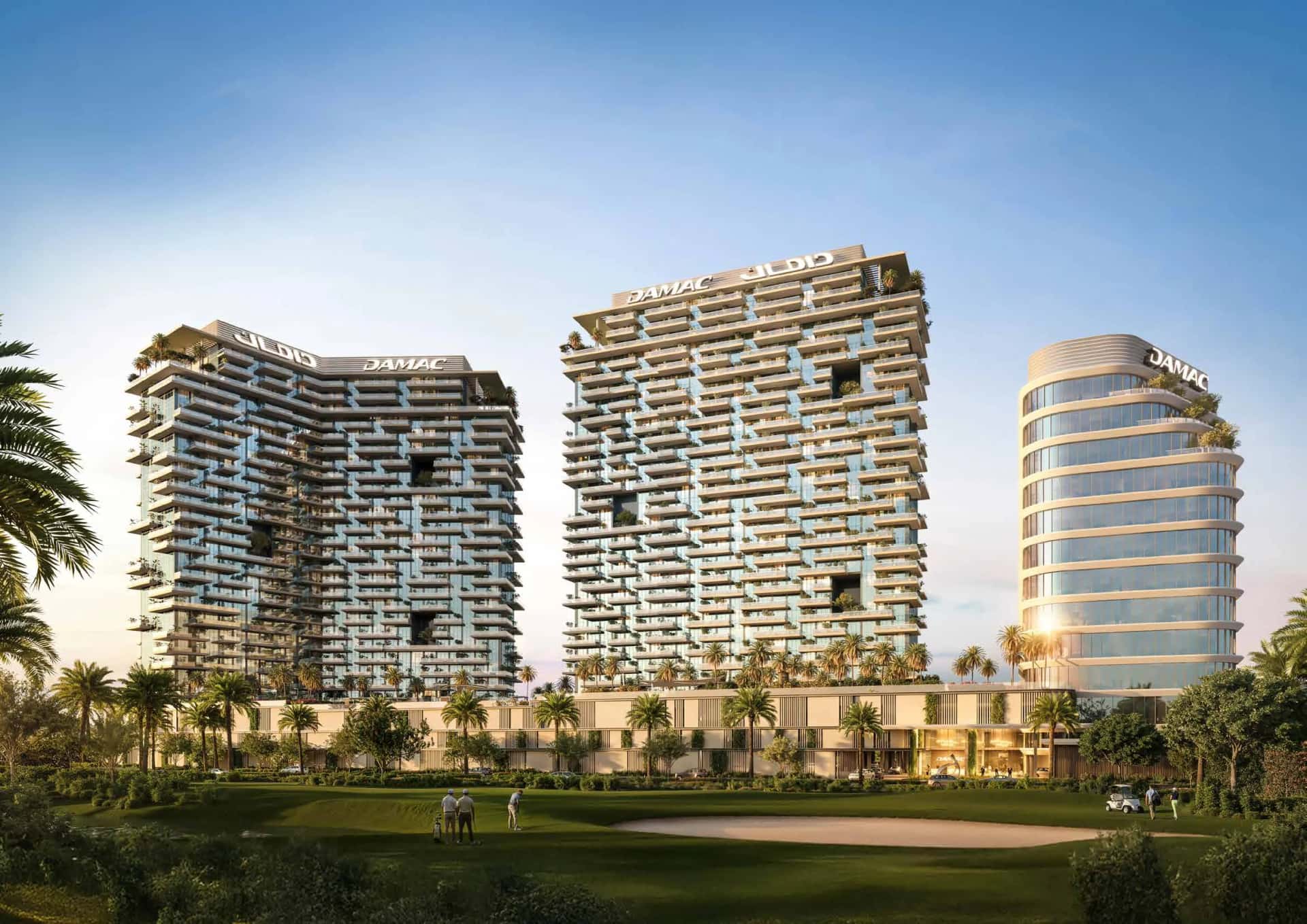 DAMAC District mixed-use tower in DAMAC Hills with golf course views and podium amenities