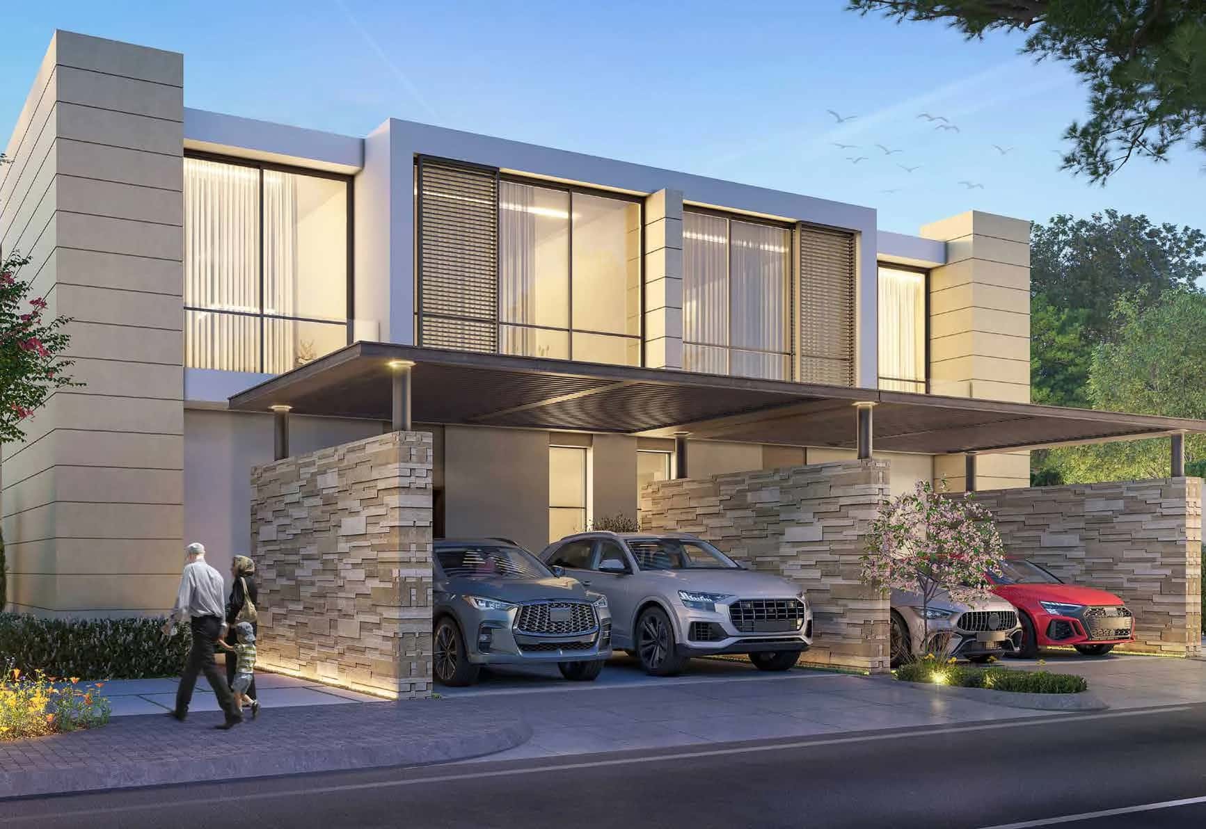 Exterior rendering of a villa in DAMAC Hills Autograph Collection with landscaped front garden