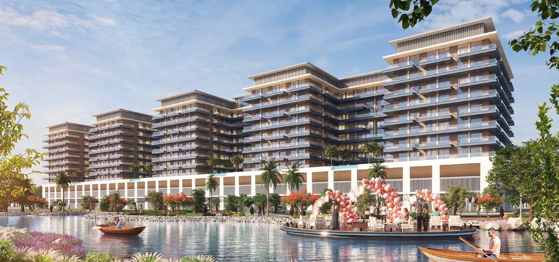 Waterfront facade rendering of DAMAC Riverside Views Azure 2 apartment buildings along the river
