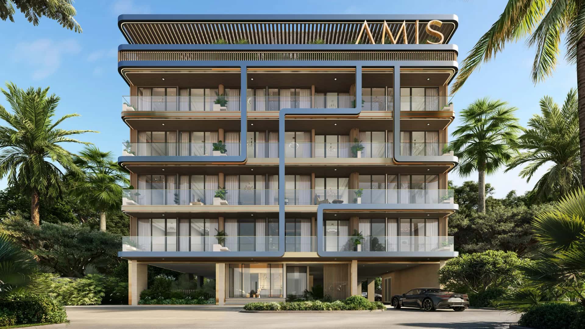 Derby Heights low-rise apartment building rooftop pool in Meydan District 11, Dubai