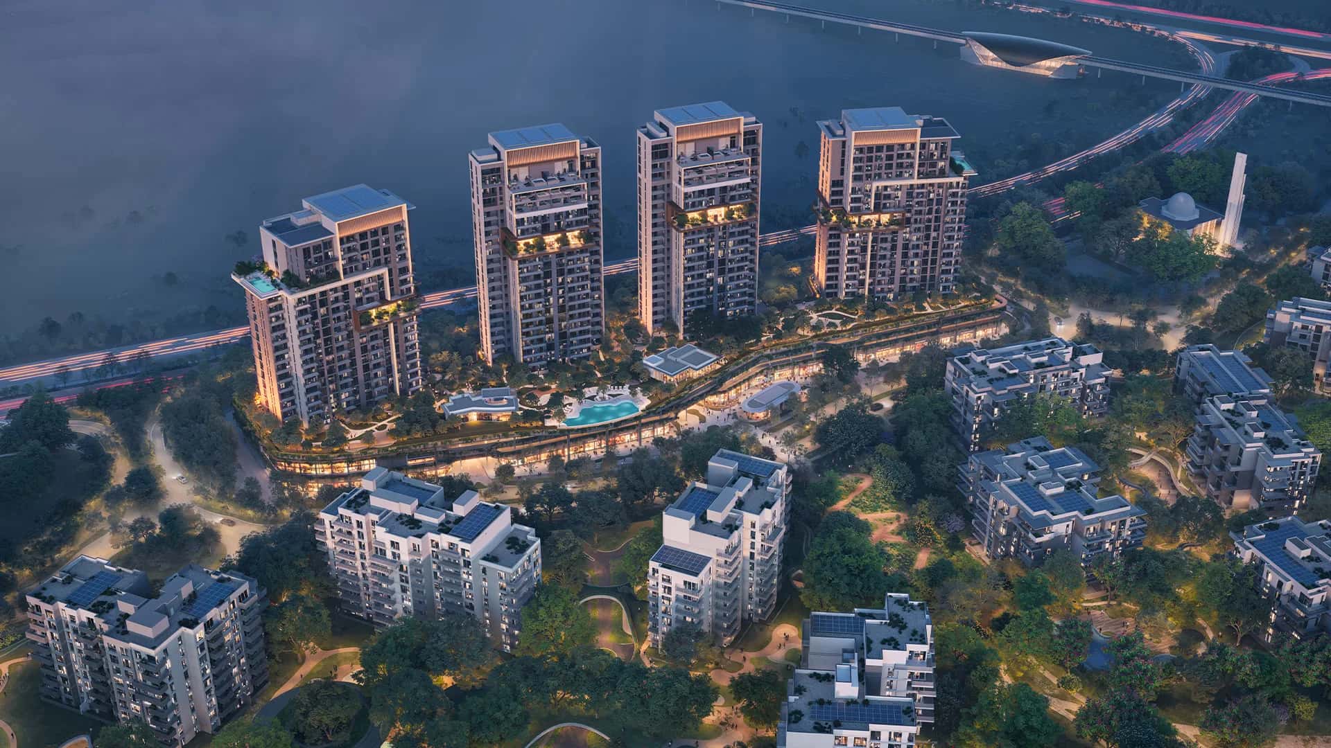 DISTRIKT towers rendering within the Ghaf Woods forest community in Dubai