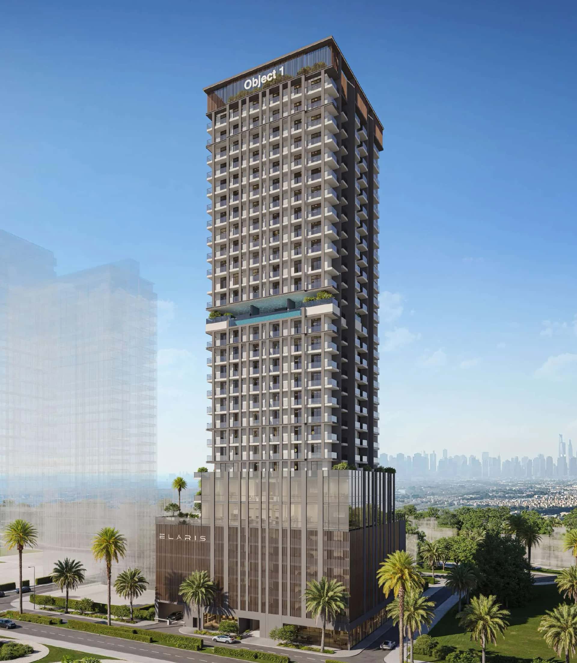 ELAR1S Rise tower exterior rendering, Jumeirah Village Triangle, Dubai, showing sky infinity pool level