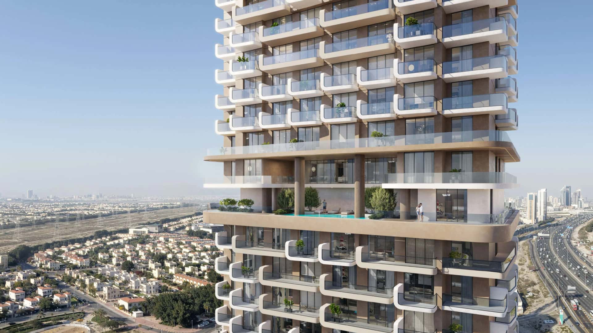 ELARIS Sky tower exterior in Jumeirah Village Triangle, Dubai, showing 37-storey residential facade