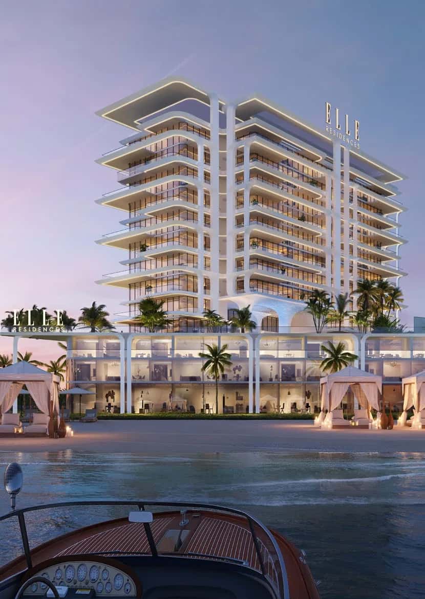 ELLE Residences tower on Dubai Islands with waterfront terraces overlooking the Arabian Gulf