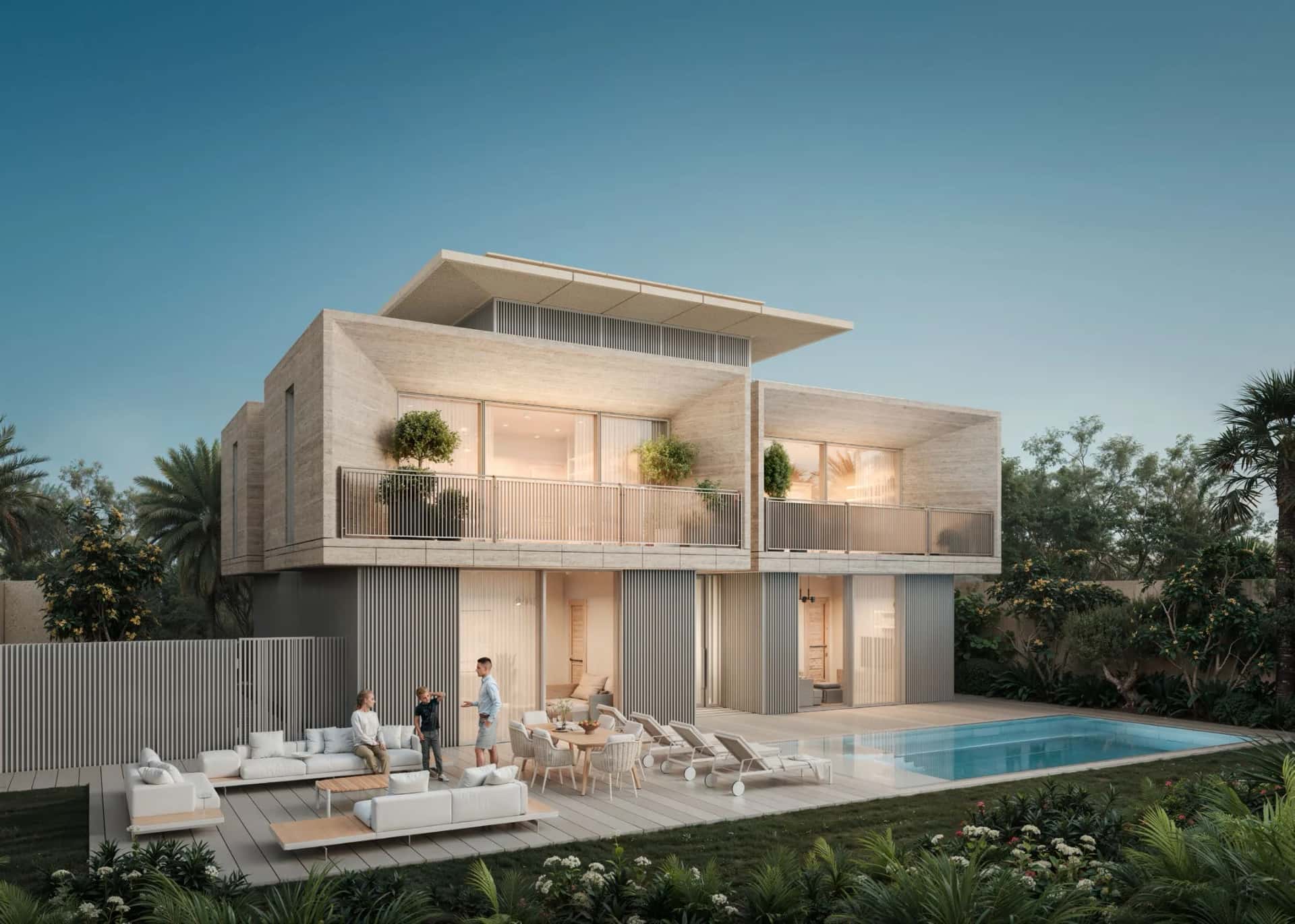 Eden House Dubai Hills villas with private gardens and swimming pools in Dubai Hills Estate, designed by Hopkins Architects