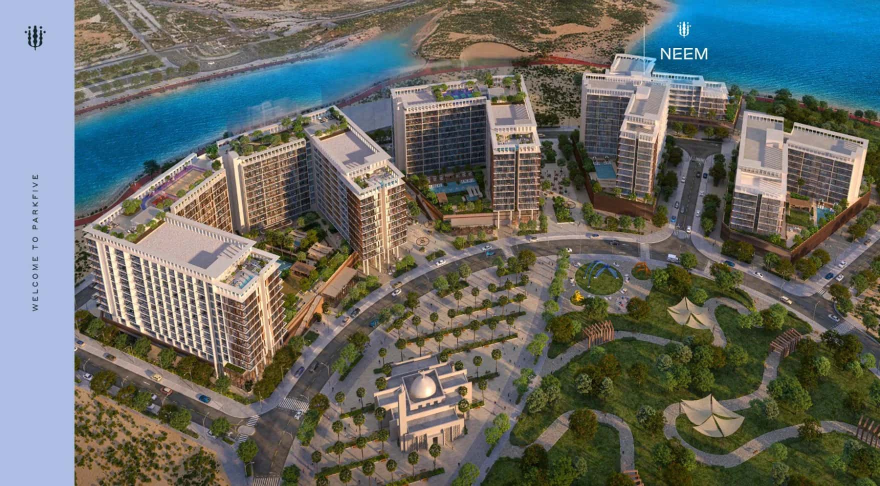 Exterior render of Elm at Park Five twin residential towers in Dubai Production City