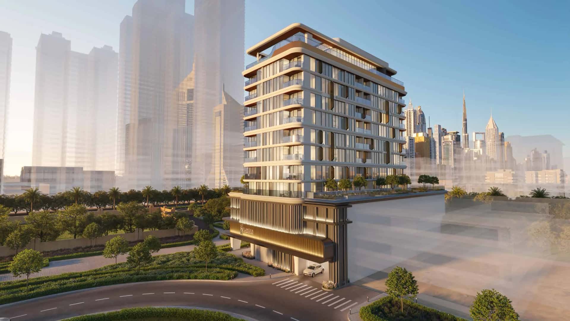 Elmora residential building facade in Jumeirah Garden City, Dubai, by Neoterra Developments