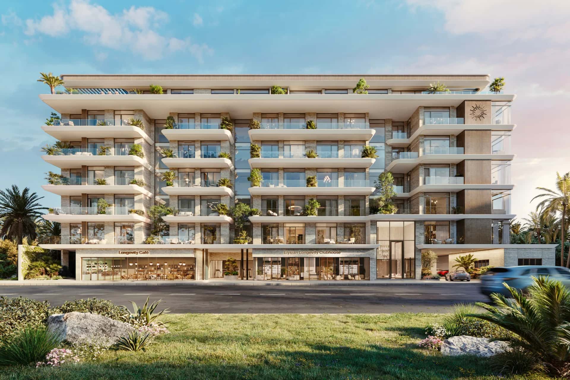 Émerge Residences boutique building facade on Meydan Avenue with stone and glass exterior