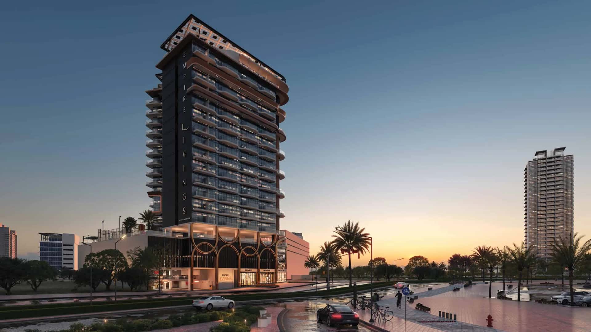 Empire Livings tower exterior with copper arch façade in Dubai Science Park, Dubai