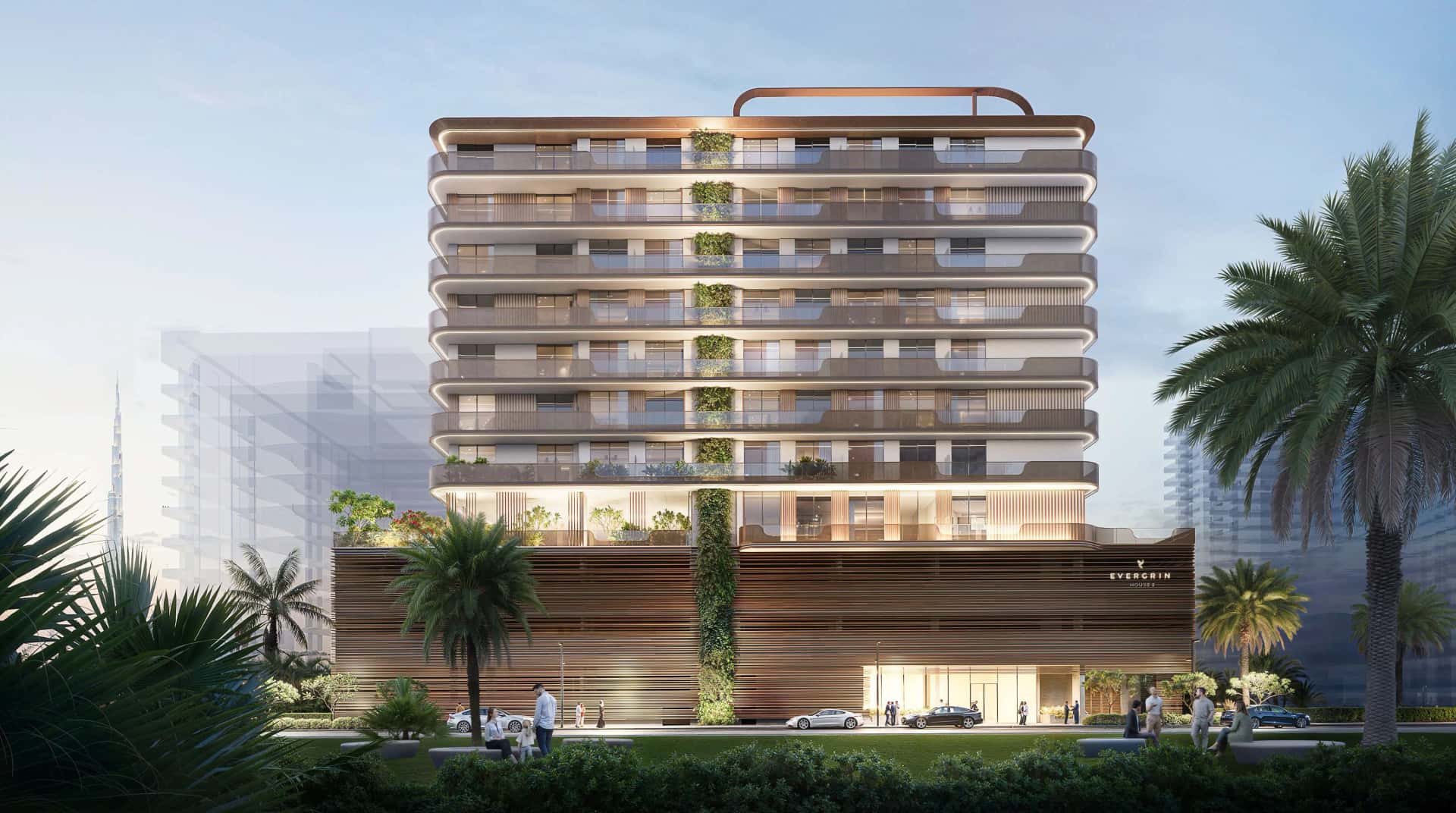 Evergrin House 2 residential building exterior in Jumeirah Garden City, Dubai, with pool deck and green landscaping
