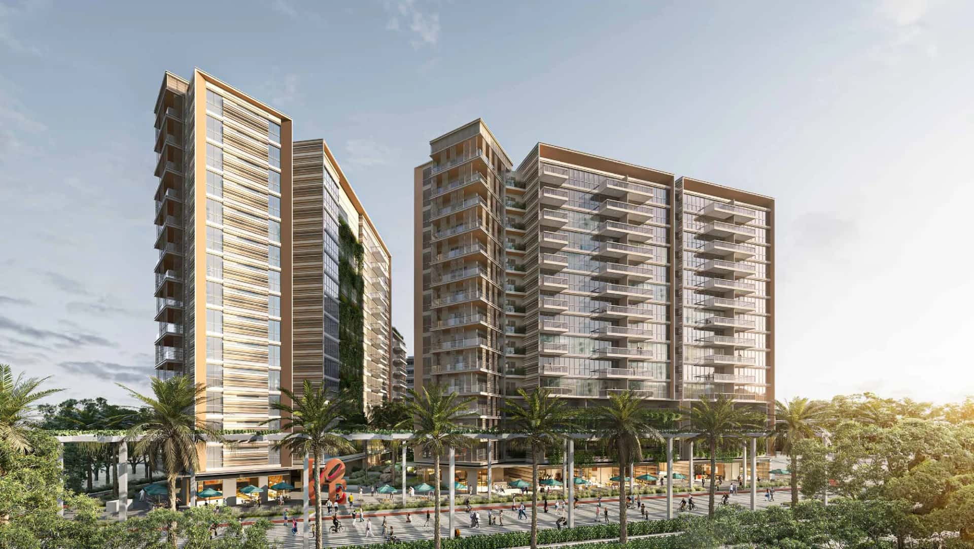 Exterior render of Expo City Sky Residences towers within Expo City Dubai