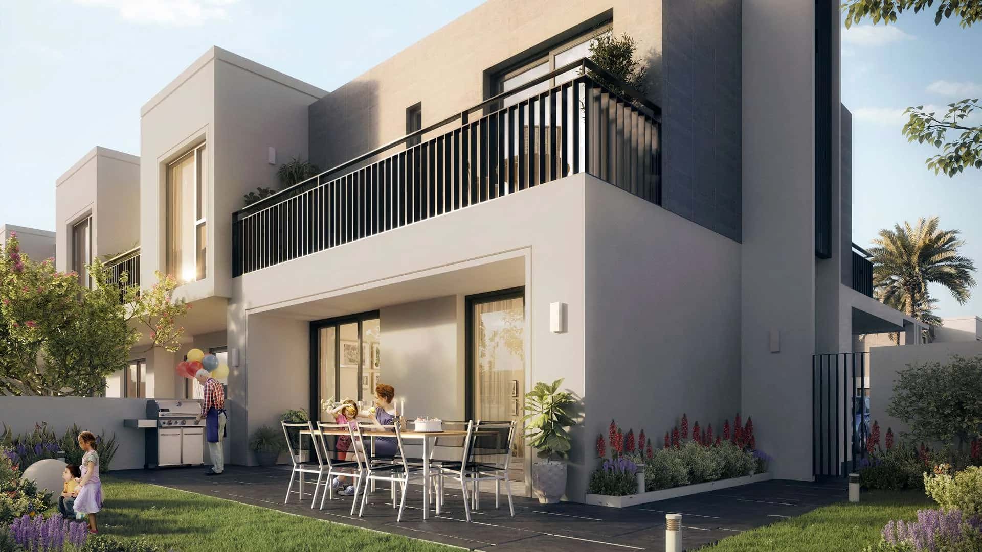 Expo Golf Villas exterior view with golf course frontage in Emaar South, Dubai