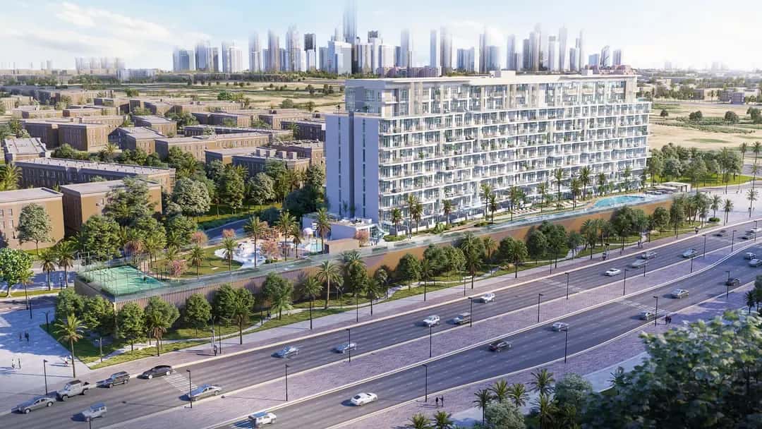 Serene Gardens 2 residential tower exterior in Discovery Gardens, Dubai