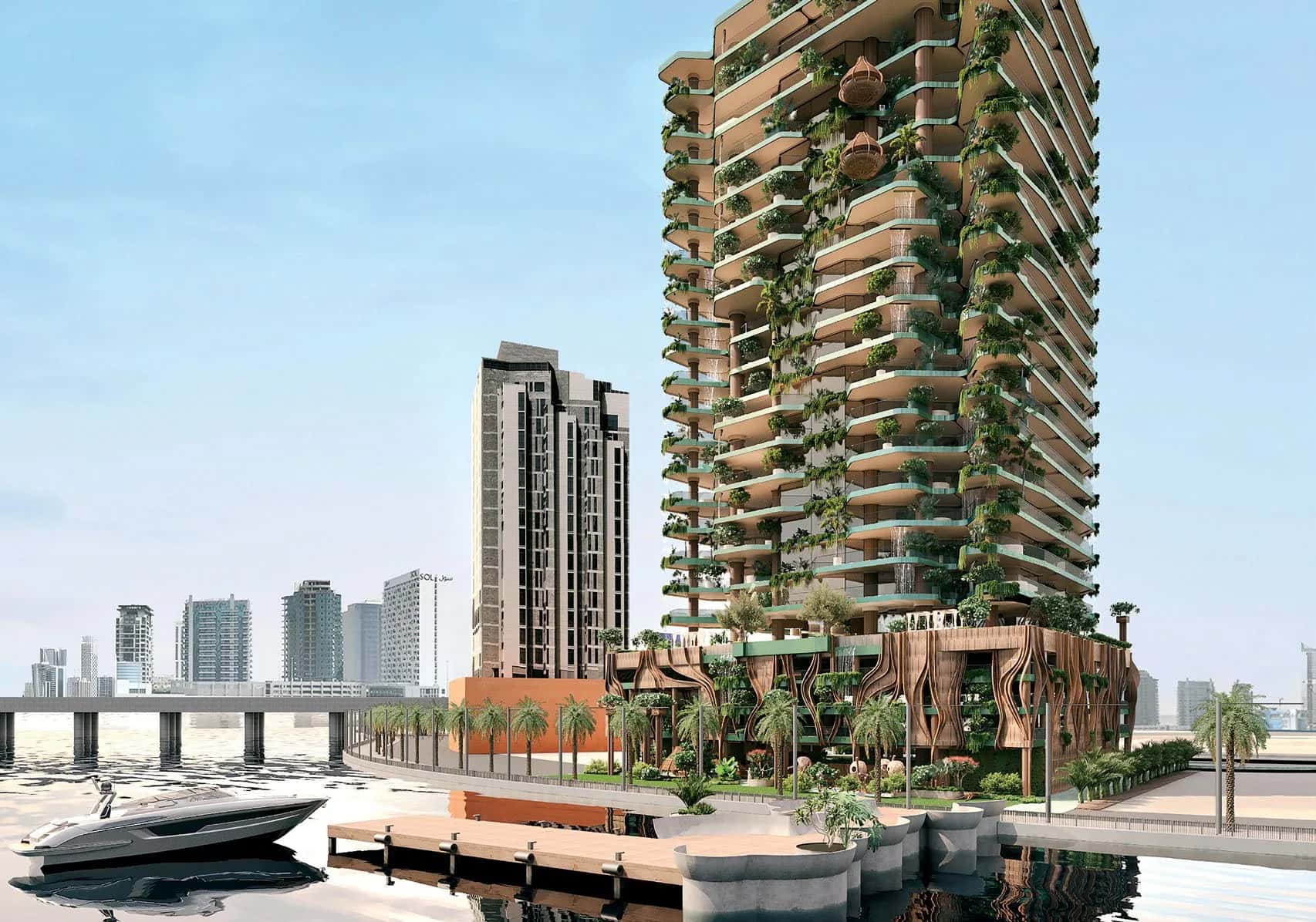Eywa tower facade viewed from the Dubai Water Canal in Business Bay