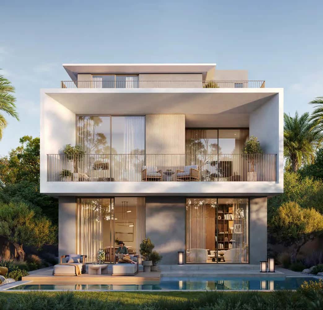 Farm Grove 2 villa exterior with landscaped garden in The Valley community by Emaar