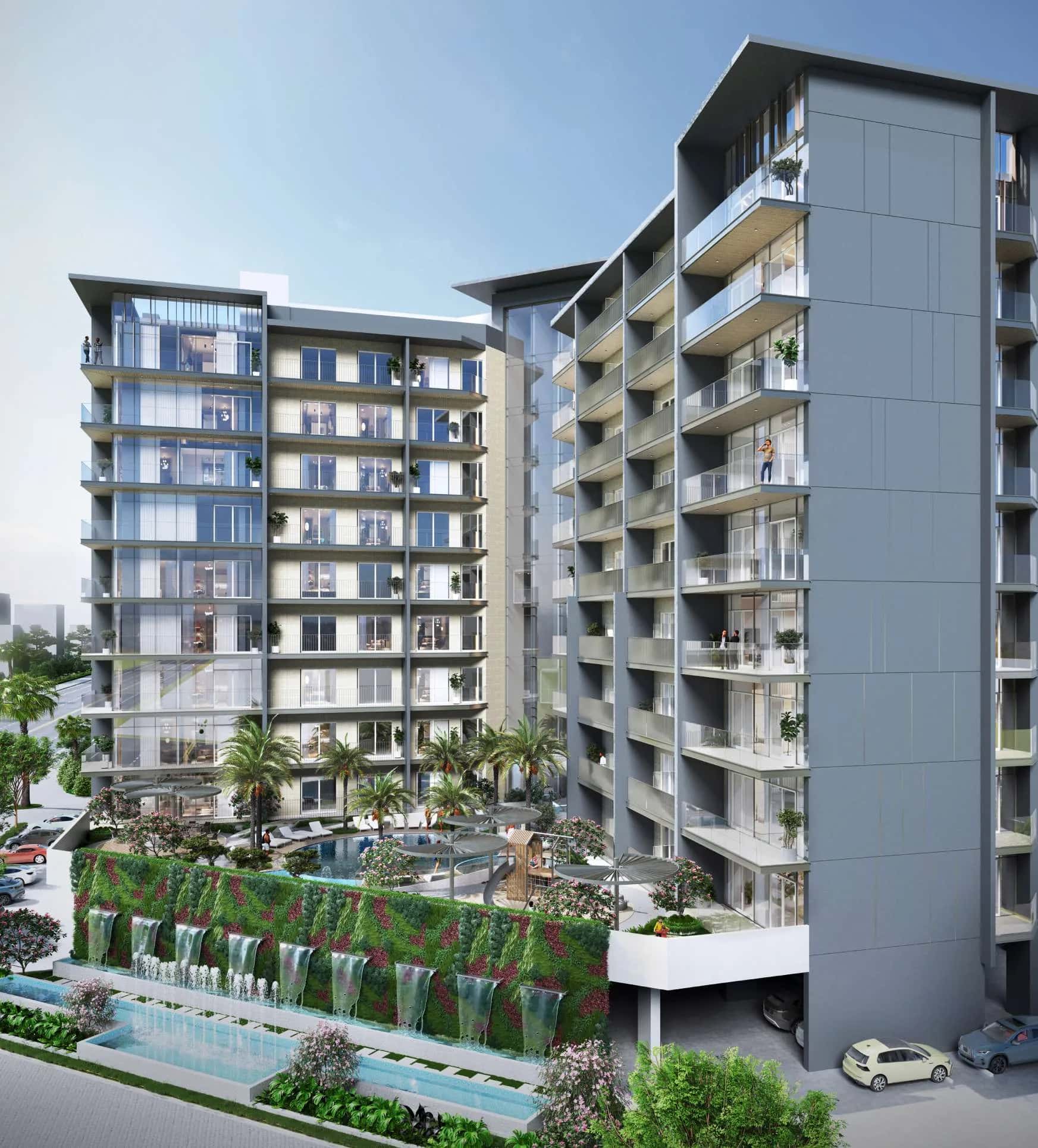 Floarea Oasis residential tower exterior in Dubai Land Residence Complex, Dubailand