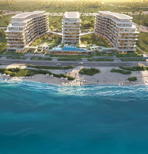 Flora Bay residential tower on Dubai Islands, Palm Deira - coastal facade with Arabian Gulf views