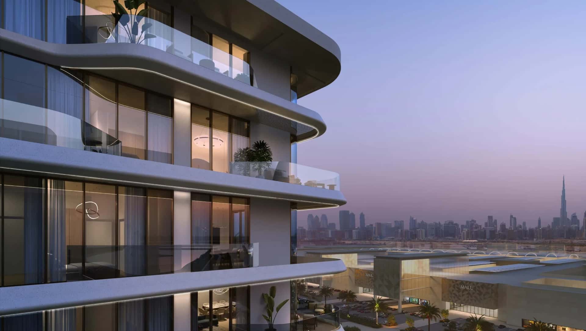 Flora Shore residential tower facade on Dubai Islands, Palm Deira