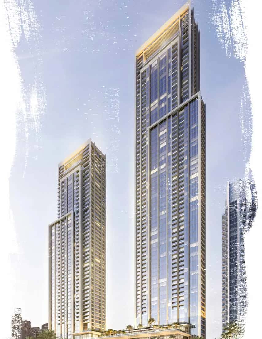 Forte Downtown Dubai twin towers by Emaar overlooking Dubai Opera, Dubai Fountain, and Burj Khalifa.