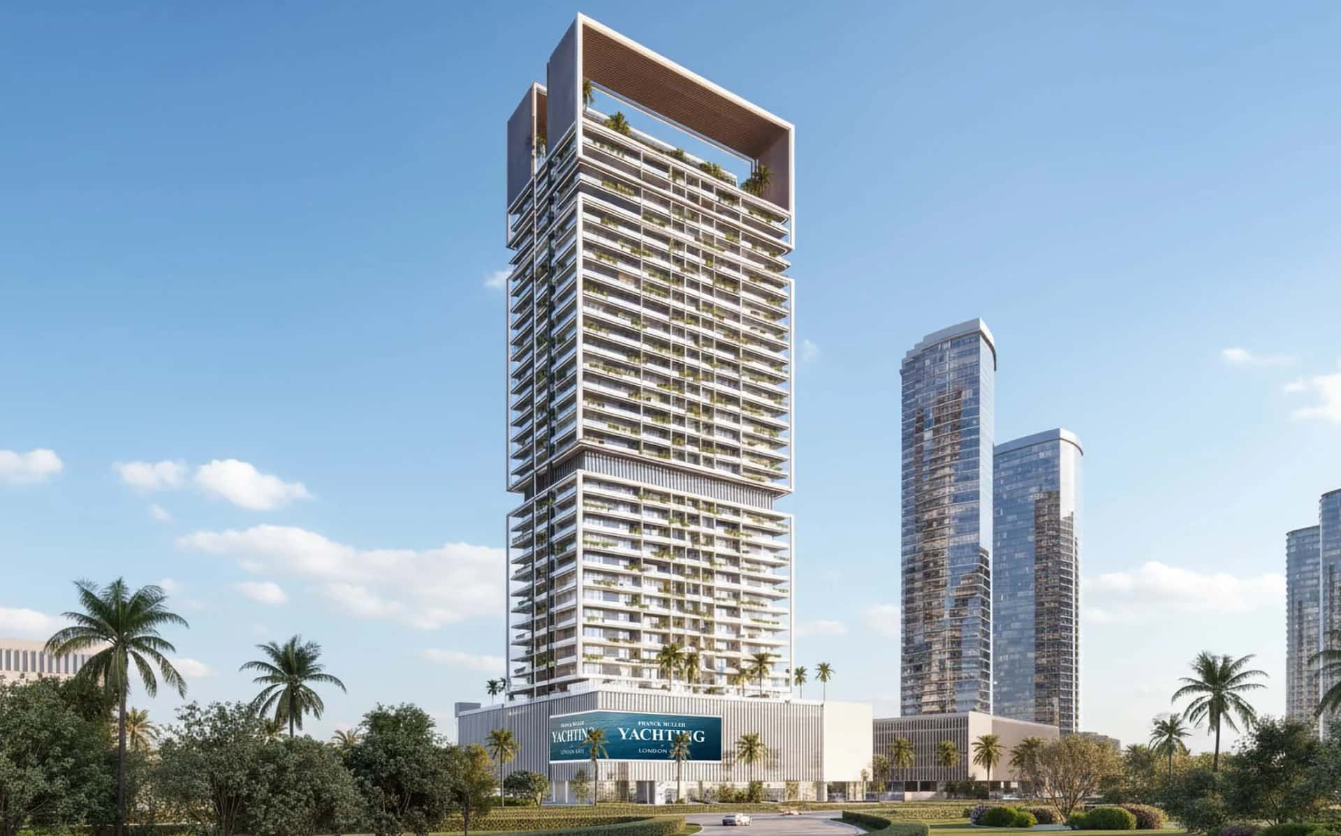 Franck Muller Yachting tower facade in Dubai Maritime City, a 30-storey branded residential building by London Gate
