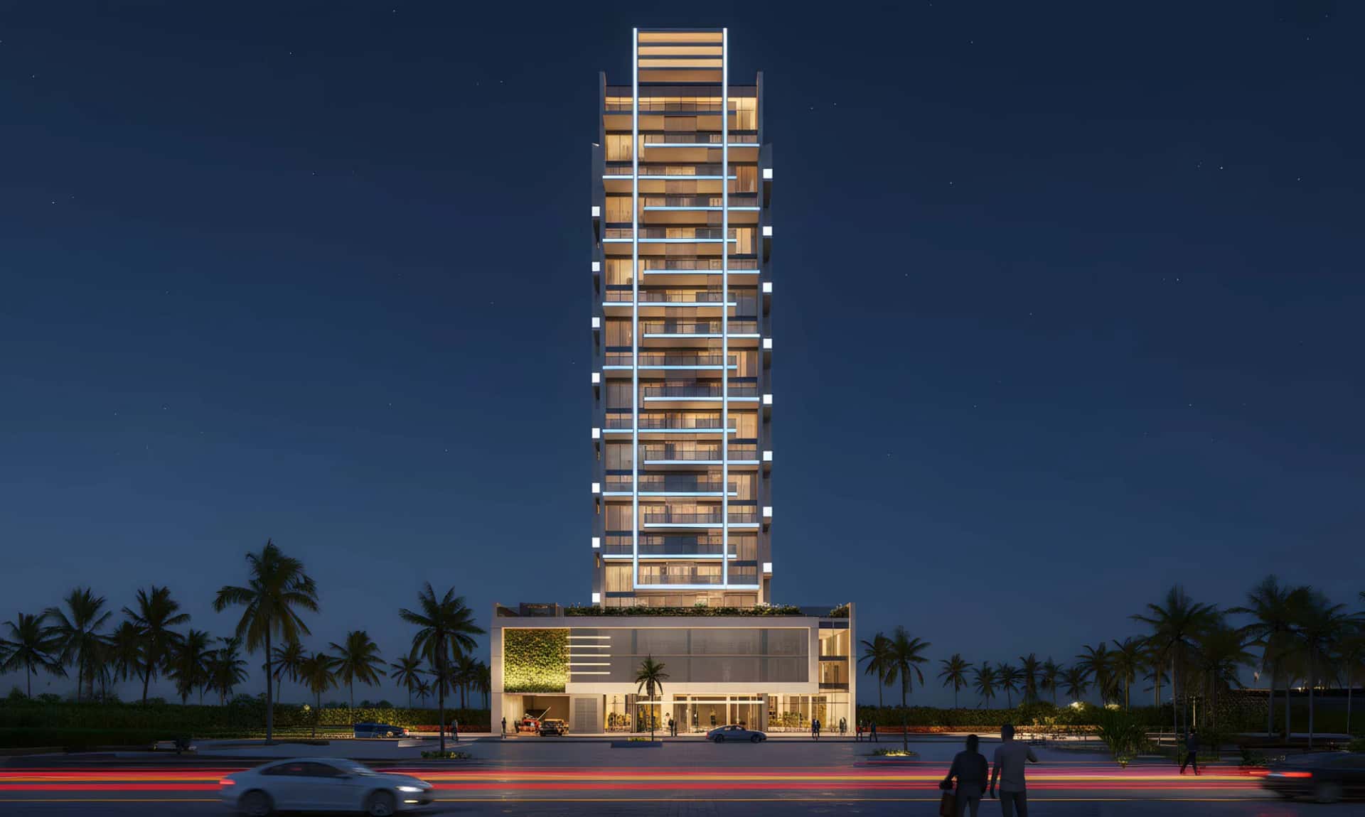 Future Residence tower exterior at sunset within Meydan Horizon, Dubai