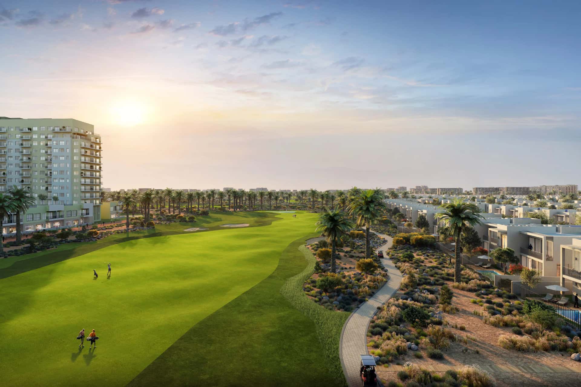 Golf Dale residential towers and townhouses overlooking Emaar South championship golf course, Dubai World Central