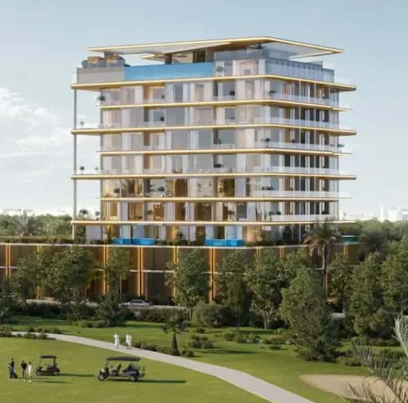 Golf Grove by Regent rooftop infinity pool overlooking Jumeirah Golf Estates in IMPZ, Dubai