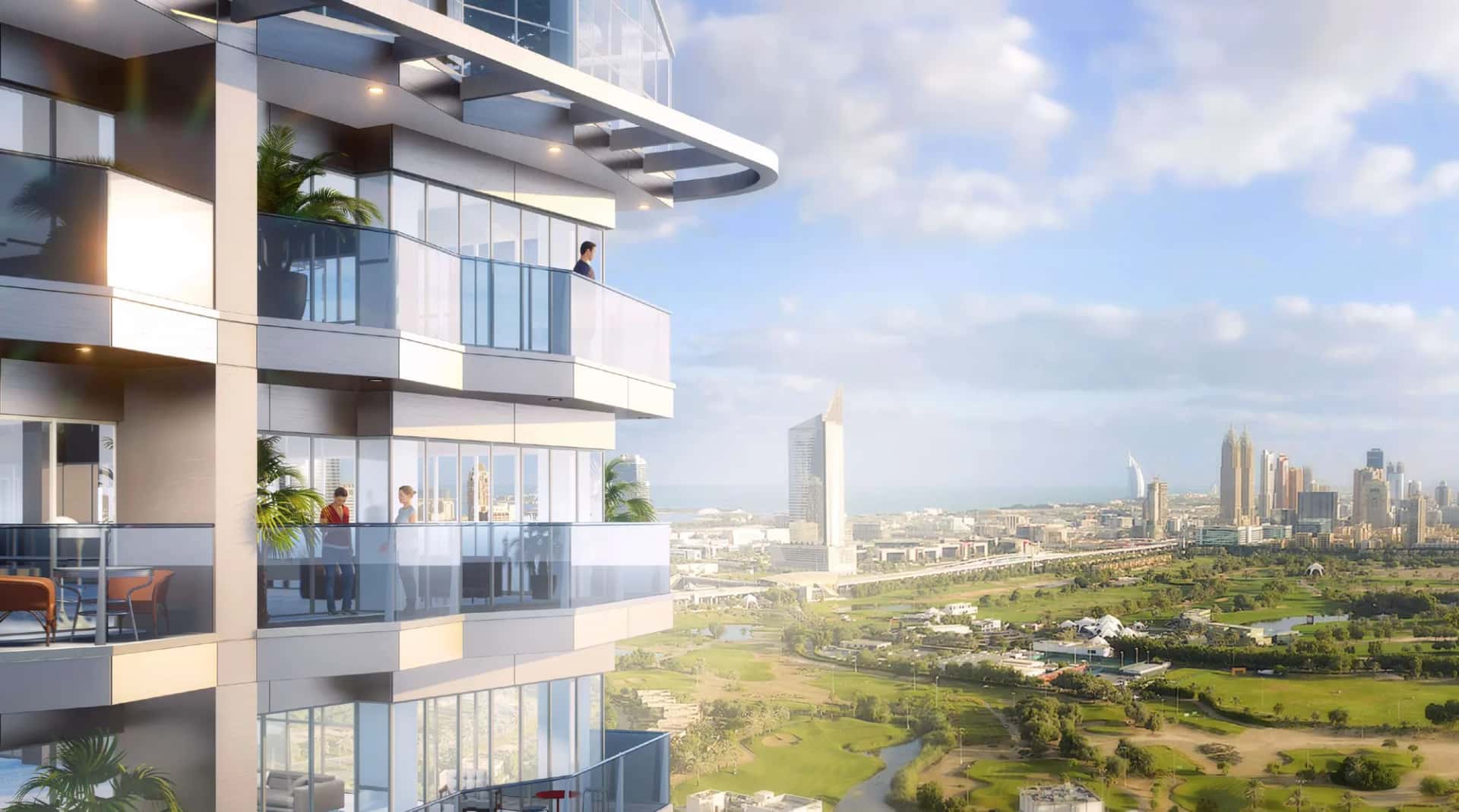 Golf Views tower exterior overlooking Emirates Golf Course and Dubai Marina skyline