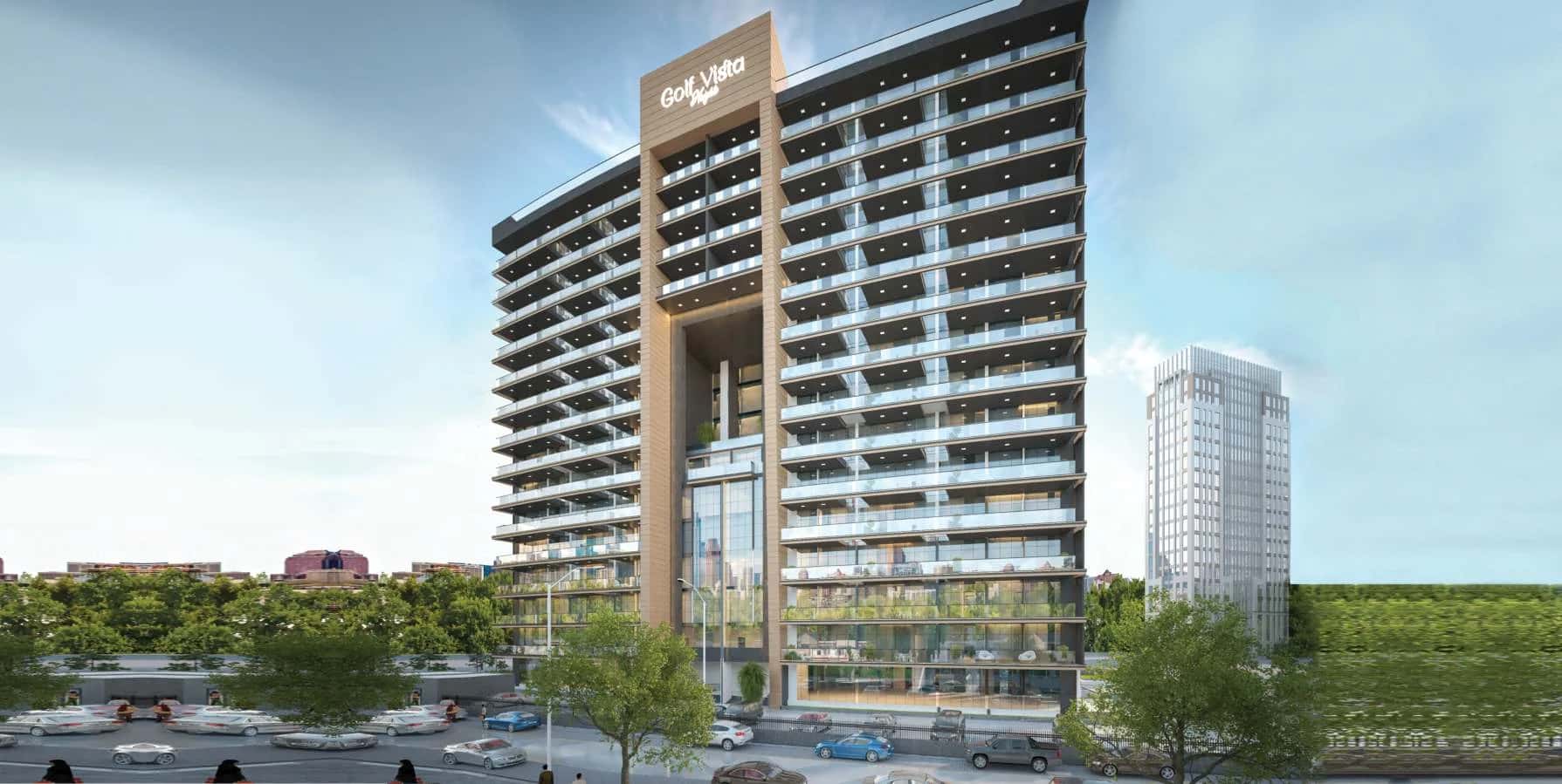 Golf Vista Heights residential tower overlooking the golf course in Dubai Sports City