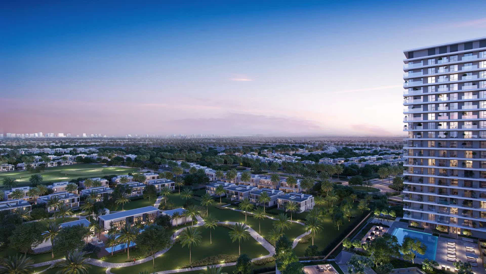 Greenside Residence towers by Emaar fronting Dubai Hills Golf Course with Burj Khalifa skyline in the background