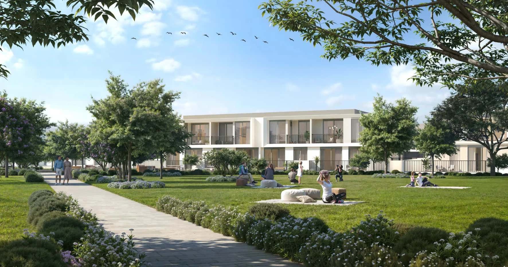 Greenway 2 townhouse clusters along the linear golf course in Emaar South, Dubai