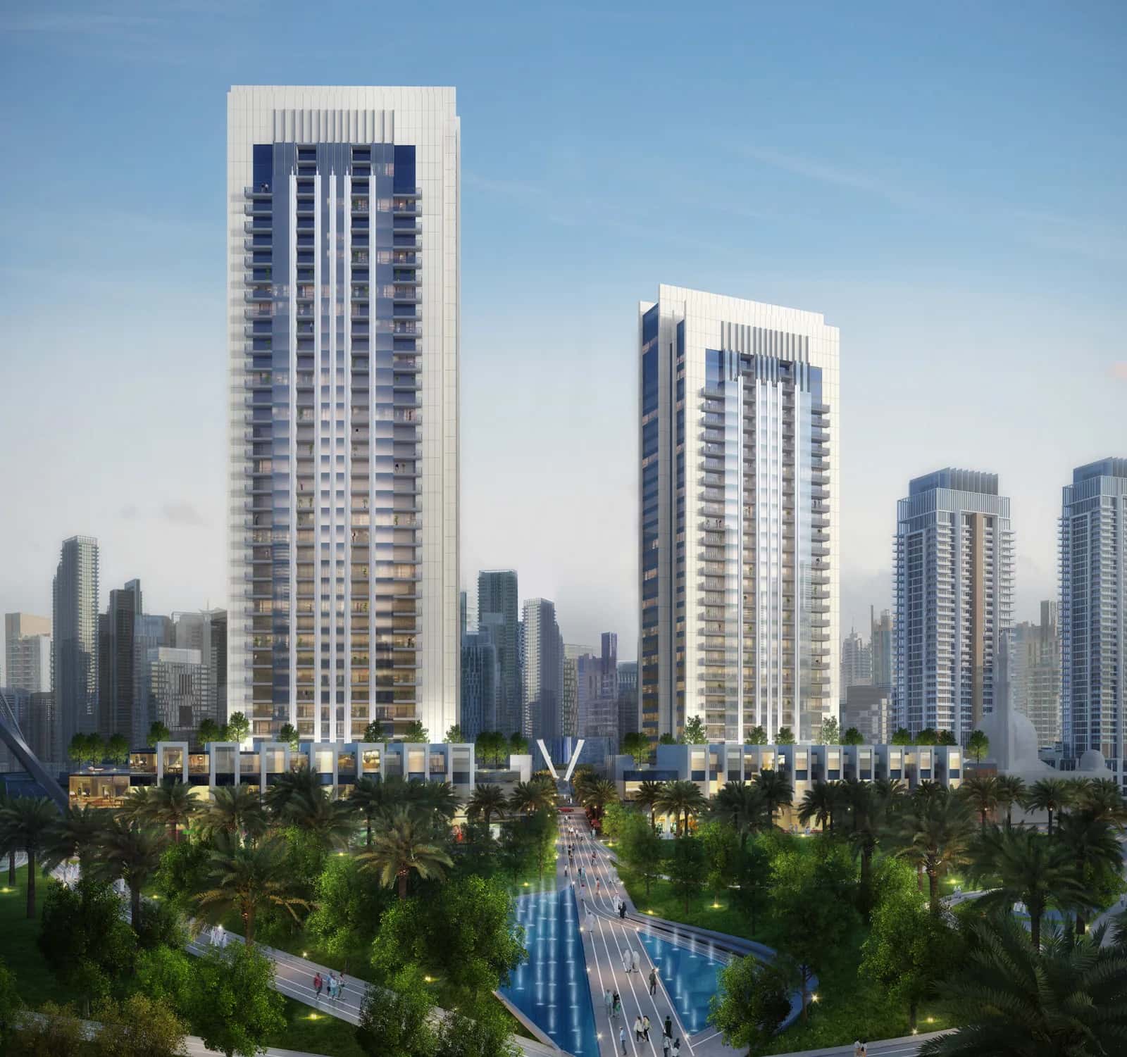 Harbour Gate twin residential towers on Creek Island, Dubai Creek Harbour, with waterfront promenade and Central Park views