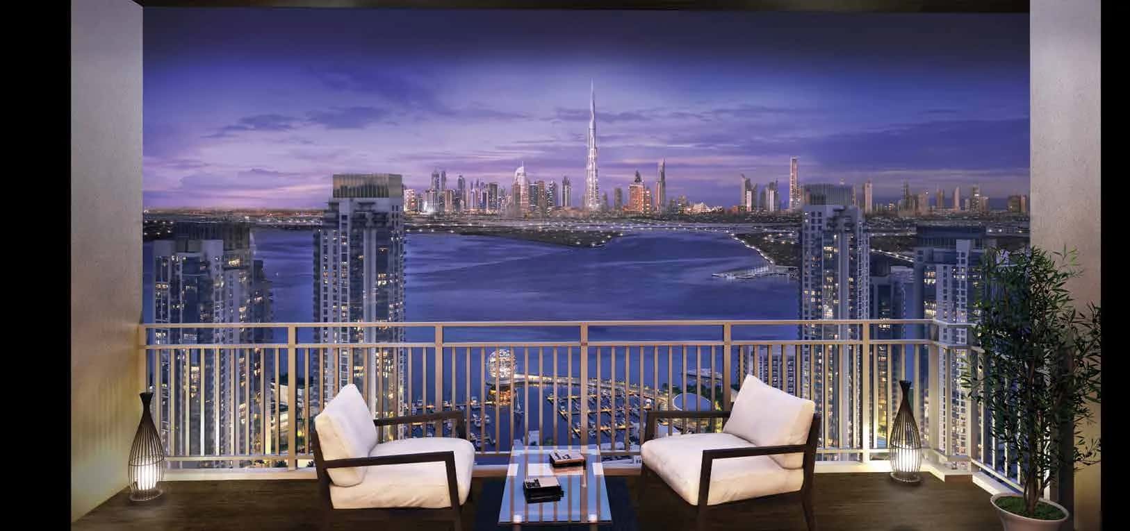 Harbour Views twin towers at Dubai Creek Harbour Island District with Creek waterfront in the foreground